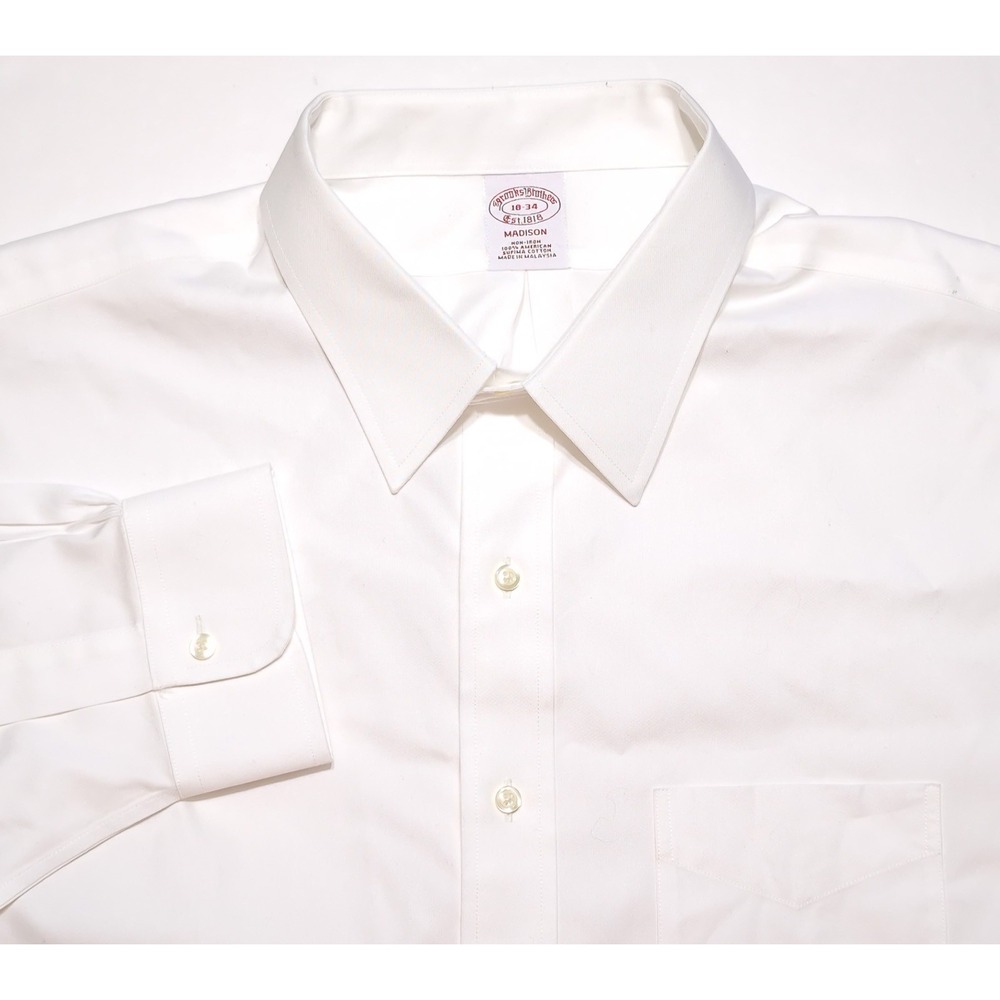 BROOKS BROTHERS Dress Shirt Mens 18-34 White Excellent Madison Non-Iron Cotton